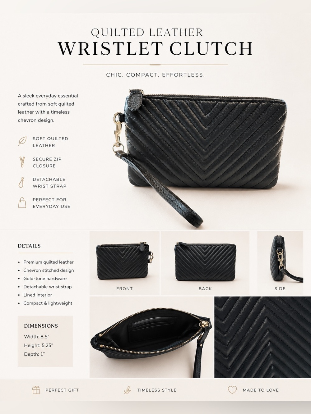 Befen Black Leather Wristlet Clutch Zippered Wallet Puff Channel Stitching